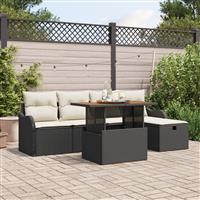 vidaXL 6-delige Tuinbankenset met kussens poly rattan zwart