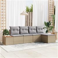 vidaXL 5-delige tuinset met kussens in beige poly rattan en acacia
