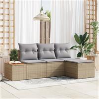 vidaXL 4-delige tuinset met kussens in beige poly-rattan en acacia