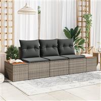 vidaXL 3-delige Tuinbankenset met kussens poly rattan acacia grijs