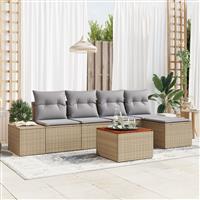 vidaXL 6-delige Tuinbankenset met kussens poly rattan en acacia beige