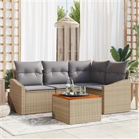 vidaXL 5-delige tuinset met kussens in beige van poly rattan en acacia