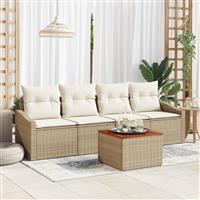 vidaXL 5-delige tuinset met kussens in beige poly rattan en acacia