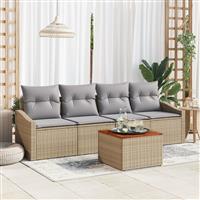 vidaXL 5-delige tuinsofa set met kussens in beige poly rattan en acacia