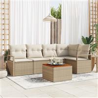 vidaXL 6-delige tuinset met kussens in beige poly rattan en acacia