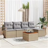 vidaXL 6-delige tuinbankset met kussens Beige Poly Rattan Acacia