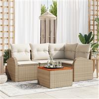 vidaXL 5-delige tuinset met kussens in beige poly rattan en acacia