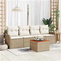 vidaXL 5-delige Tuinset met Kussens in Beige van Poly Rattan en Acacia