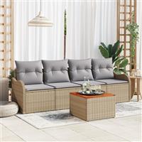 vidaXL 5-delige tuinbankset met kussens in beige poly rattan en acacia