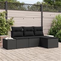 vidaXL 4-delige Tuinbankenset met kussens poly rattan zwart