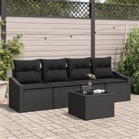 vidaXL 5-delige tuin set met kussens zwart poly rattan