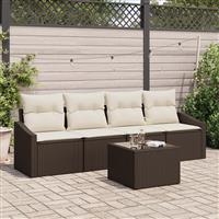 vidaXL 5-delige Tuin Eettafelset met Kussens Bruin Poly Rattan