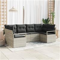 vidaXL 6-delige Tuinbankenset met kussens poly rattan lichtgrijs