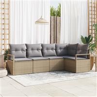 vidaXL 5-delige tuinset met kussens in beige poly riet