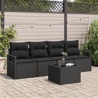vidaXL 5-delige tuinbankset met kussens in zwart poly rattan