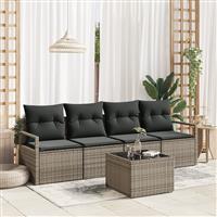 vidaXL 5-delige tuinset met kussens in grijs poly rattan