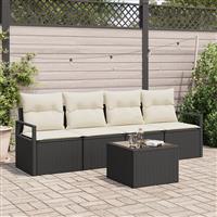 vidaXL 5-delige tuinset met kussens zwart poly rattan