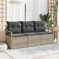 vidaXL 3-delige Tuinbankenset met kussens poly rattan lichtgrijs