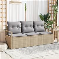 vidaXL 3-delige Tuinbankenset met kussens poly rattan beige