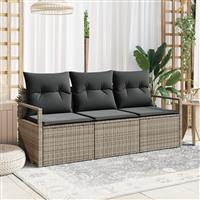 vidaXL 3-delige Tuinbankenset met kussens poly rattan grijs