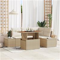 vidaXL 5-delige Tuinset met kussens poly rattan acaciahout beige