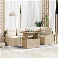 vidaXL 6-delige eetset voor buiten met kussens in Beige poly rattan en Acacia