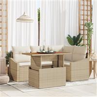 vidaXL 5-delige Tuin Eetset met Kussens in Beige van Poly Rattan en Acacia