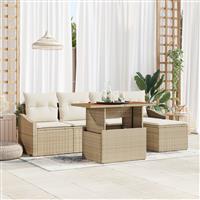 vidaXL 6-delige tuinset met kussens in beige poly rattan en acacia