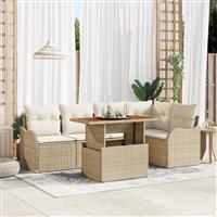 vidaXL 6-delige tuinsofa set met kussens in beige van poly rattan en acacia