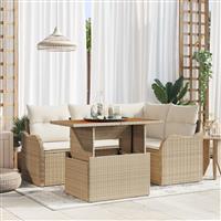 vidaXL 5-delige tuinsofa set met kussens in beige poly rattan en acacia