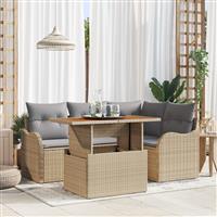 vidaXL 5-delige tuinset met kussens in beige poly rattan en acacia