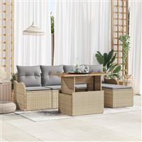 vidaXL 6-delige tuinsofa set met kussens in beige poly rattan en acacia
