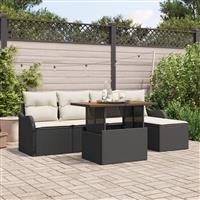 vidaXL 6-delige tuinset met kussens van zwart poly rattan en acacia