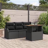 vidaXL 5-delige tuinset met kussens - zwart poly riet en acaciahout