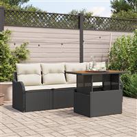 vidaXL 5-delige tuinsofa set met kussens in zwart poly riet en acacia hout