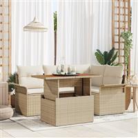 vidaXL 5-delige tuin eettafelset met kussens in beige poly rattan en acacia