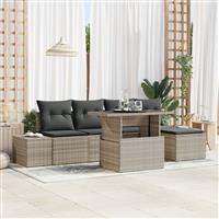 vidaXL 6-delige Tuinbankenset met kussens poly rattan lichtgrijs