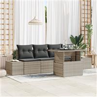 vidaXL 5-delige Tuinbankenset met kussens poly rattan lichtgrijs