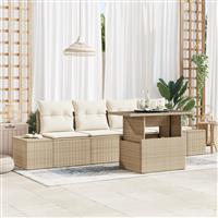 vidaXL 5-delige Tuinbankenset met kussens poly rattan beige