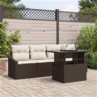 vidaXL 5-delige Tuinbankenset met kussens poly rattan bruin