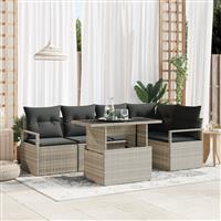 vidaXL 6-delige Tuinbankenset met kussens poly rattan lichtgrijs