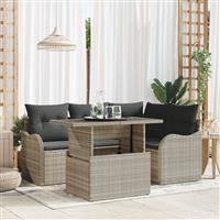 vidaXL 5-delige Tuinbankenset met kussens poly rattan lichtgrijs