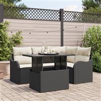 vidaXL 5-delige Tuinbankenset met kussens poly rattan zwart