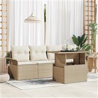 vidaXL 5-delige Tuinbankenset met kussens poly rattan beige
