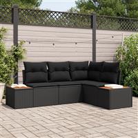 vidaXL 4-delige tuinbankset met kussens - zwart poly rattan en acacia