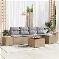 vidaXL 6-delige tuinset met kussens Beige Poly Rattan Acacia