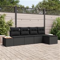 vidaXL 5-delige tuinbank set met kussens zwart poly riet acacia