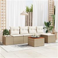 vidaXL 6-delige Tuinbankenset met kussens poly rattan acaciahout beige
