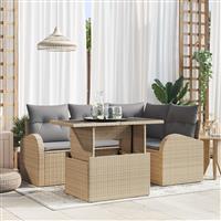 vidaXL 5-delige Tuinbankenset met kussens poly rattan beige