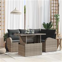 vidaXL 5-delige Tuinbankenset met kussens poly rattan grijs